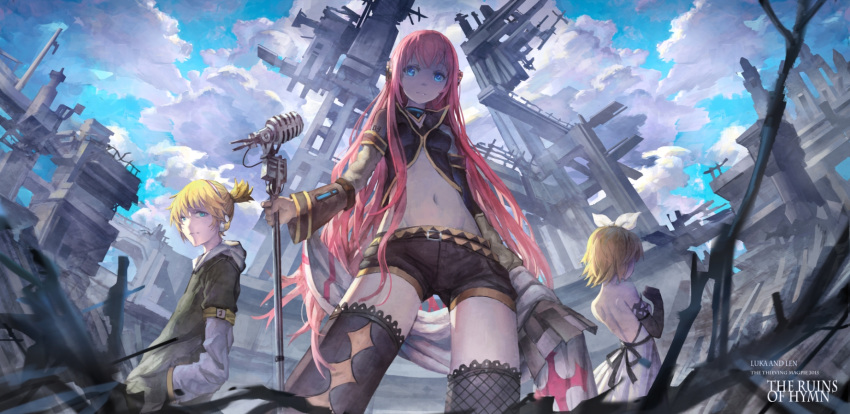 1boy, 2girls, blonde_hair, blue_eyes, clouds, hair_ornament, hairclip, highres