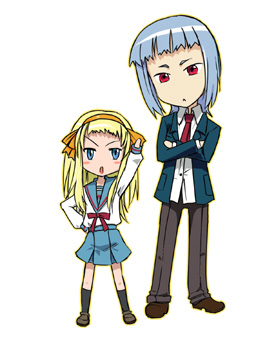 blonde_hair, blue_eyes, blue_hair, chibi, cosplay, hair_ribbon, kyon, kyon_(cosplay)