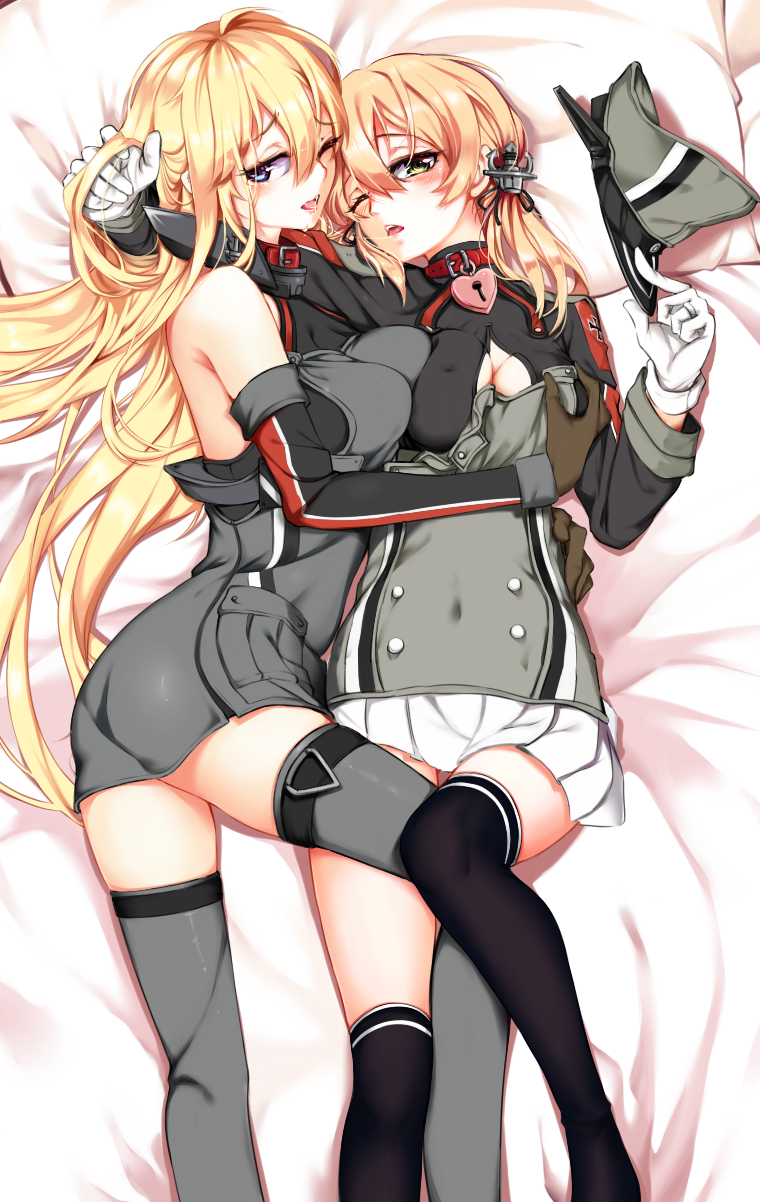 2girls, anchor_hair_ornament, bismarck_(kantai_collection), blonde_hair, blue_eyes, breasts, cleavage, collar