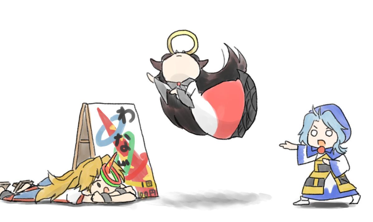 3girls, artist_request, blonde_hair, blue_hair, brown_hair, fangs, hoop, horn, hoshiguma_yuugi, imaizumi_kagerou, kumoi_ichirin, lying, mouth_hold, multiple_girls, o_o, on_stomach, ring_toss, sign, touhou