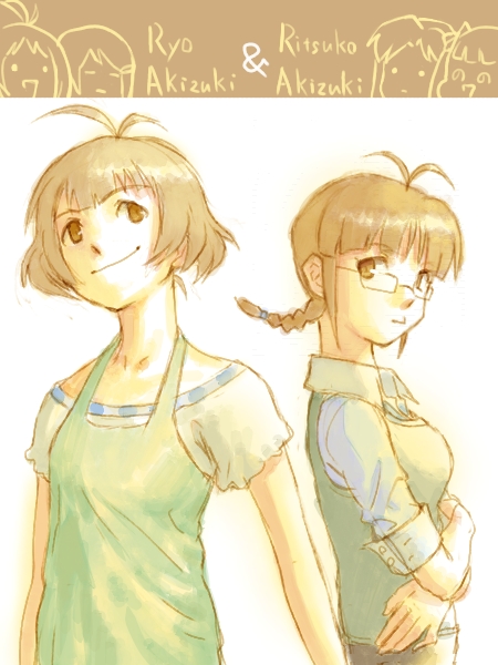 akizuki_ryou, antenna_hair, bare_shoulders, braid, breasts, brown_eyes, brown_hair, cousins