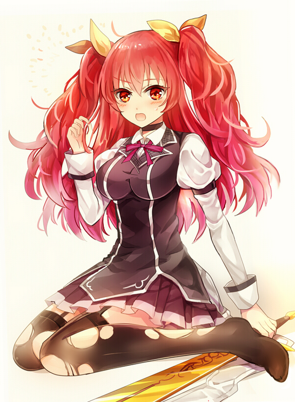 1girl, black_legwear, blush, garter_straps, hair_ribbon, long_hair, looking_at_viewer, open_mouth