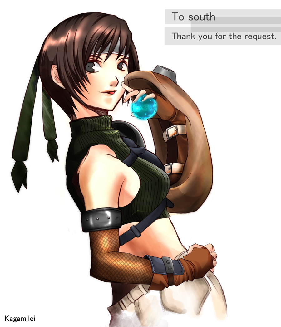 bare_shoulders, brown_eyes, brown_hair, final_fantasy, final_fantasy_vii, fingerless_gloves, gloves, headband, kagami_rei, looking_back, materia, midriff, short_hair, shorts, sleeveless, sleeveless_turtleneck, tongue, turtleneck, yuffie_kisaragi