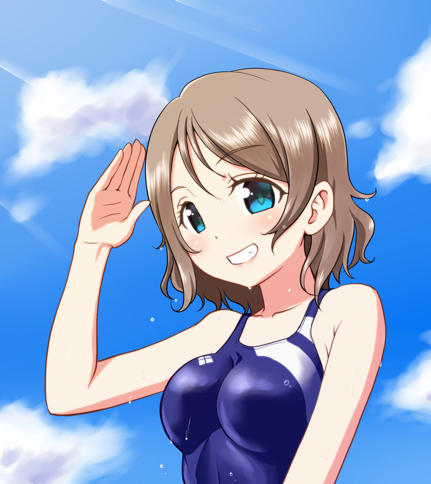 1girl, blue_eyes, blue_sky, breasts, brown_hair, clouds, highres, looking_at_viewer