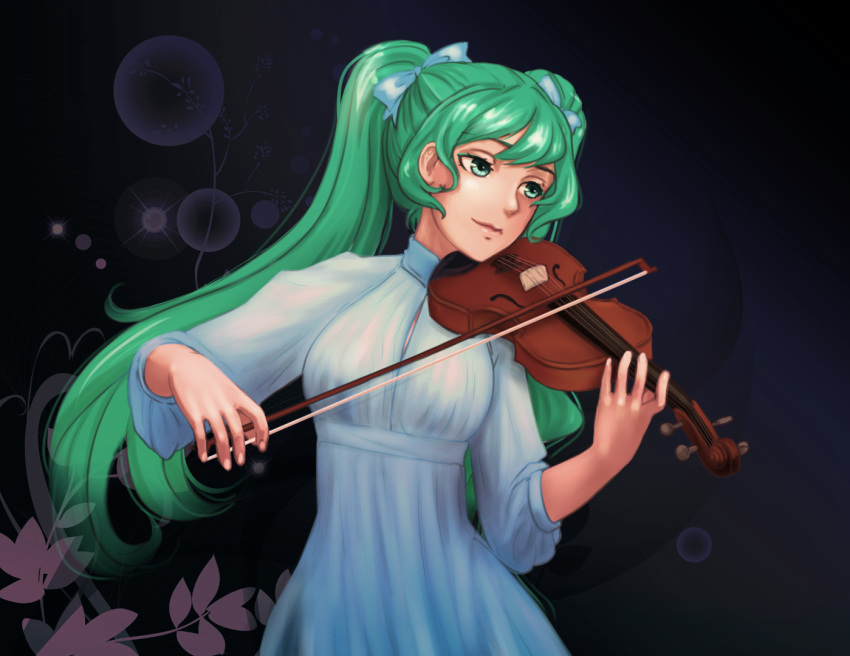 1girl, aqua_eyes, aqua_hair, bow, collared_shirt, dark_background, dress, hair_bow