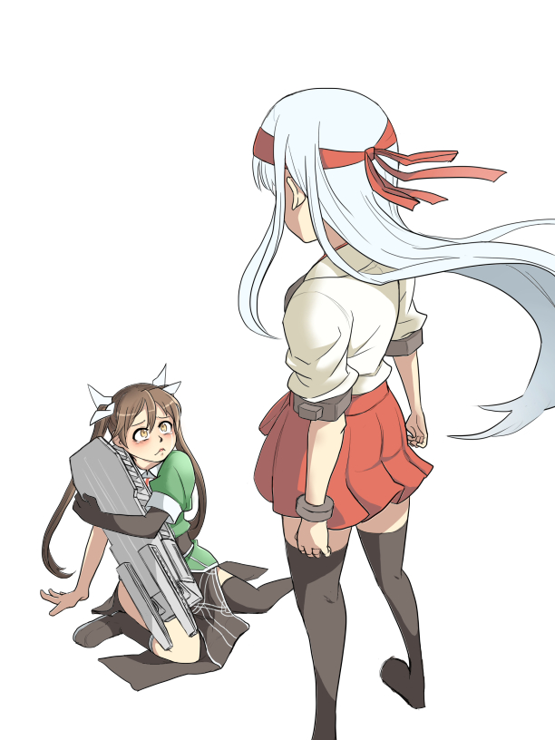 2girls, catapult, commentary_request, goroh, kantai_collection, looking_at_another, multiple_girls, object_hug