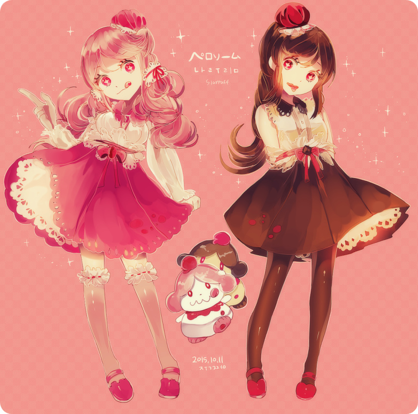 +_+, 2015, 2girls, arms_behind_back, black_legwear, brown_skirt, character_name, hair_ornament