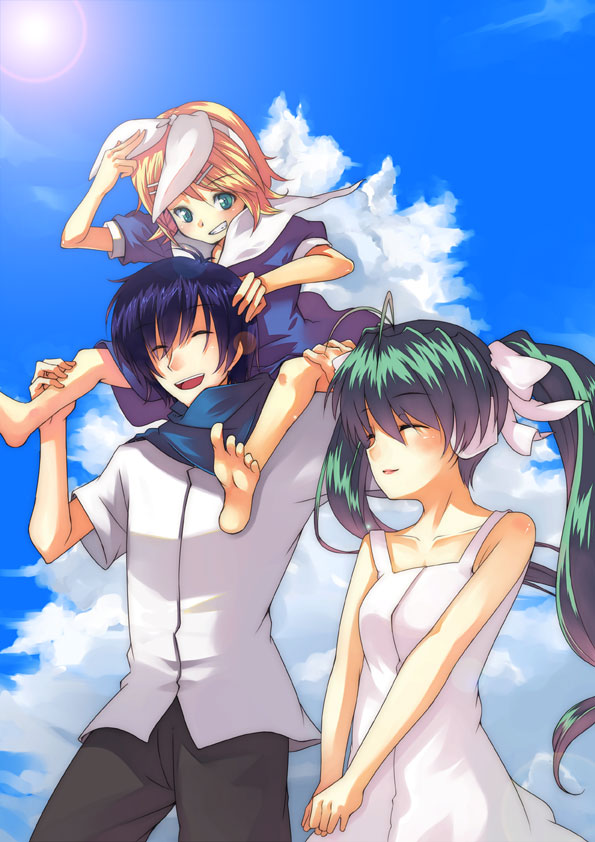 carrying, clannad, closed_eyes, cloud, clouds, cosplay, dress, feet, furai, furukawa_nagisa, furukawa_nagisa_(cosplay), hatsune_miku, kagamine_rin, kaito, lens_flare, okazaki_tomoya, okazaki_tomoya_(cosplay), okazaki_ushio, okazaki_ushio_(cosplay), sailor_dress, sky, smile, sundress, vocaloid