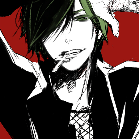 1boy, arsmagna, bak_witt, cross, cross_necklace, green_hair, hair_over_one_eye, lowres