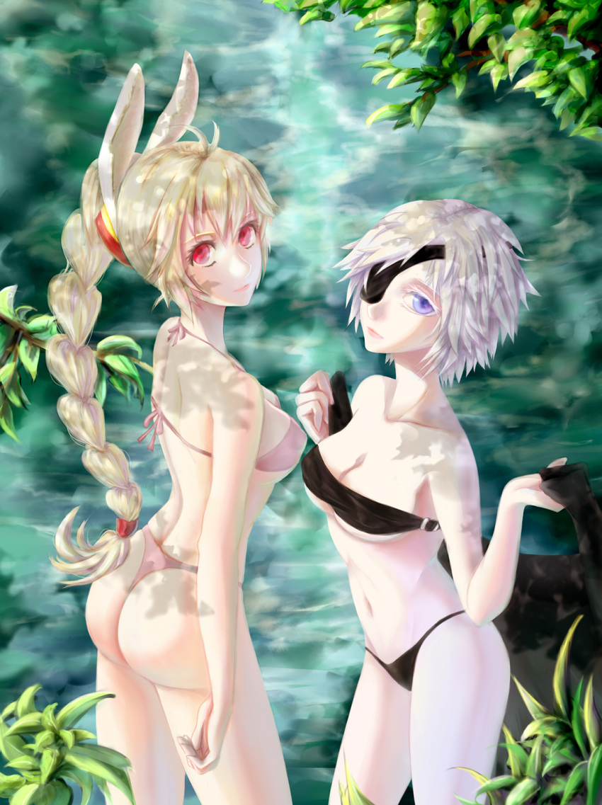2girls, ahoge, animal_ears, ass, bikini, black_bikini, blonde_hair, blue_eyes