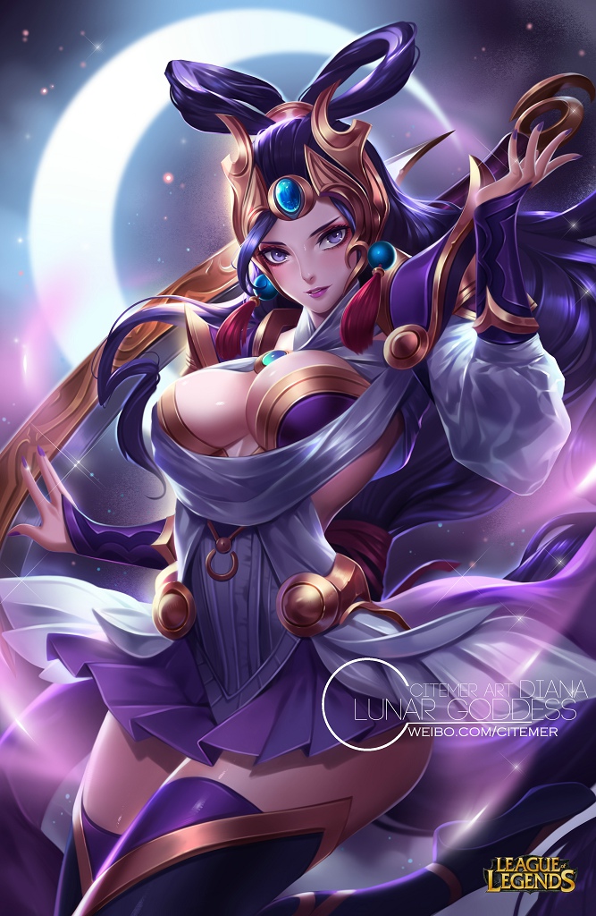 1girl, armor, black_hair, blue_eyes, breasts, citemer, crescent_moon, diana_(league_of_legends)