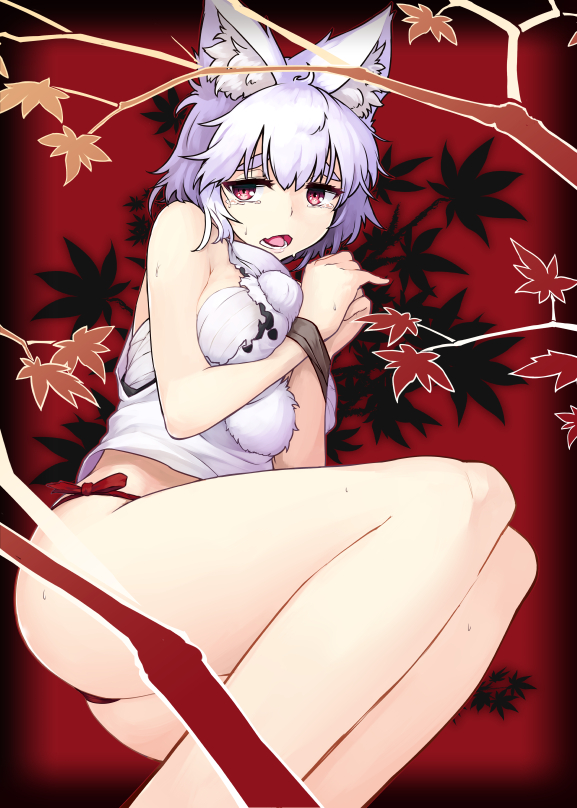 1girl, animal_ears, autumn_leaves, bare_arms, bare_legs, bare_shoulders, hands_tied, inubashiri_momiji