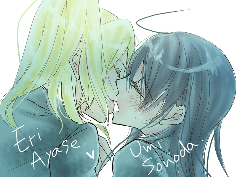 2girls, ayase_eli, bangs, blonde_hair, blush, closed_eyes, gigi, kiss