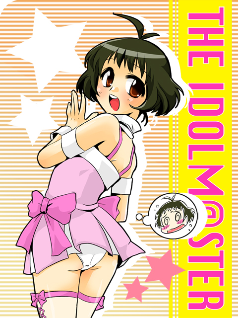 akizuki_ryou, antenna_hair, bare_shoulders, black_hair, brown_eyes, crossdressing, cute_&amp;_girly_(idolmaster), idolmaster