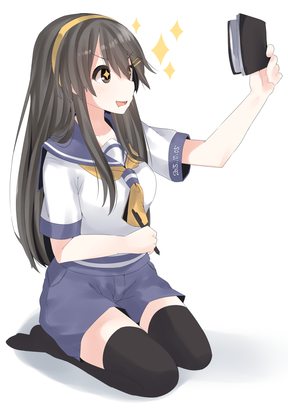 1girl, alternate_costume, aoba_(kantai_collection), aoba_(kantai_collection)_(cosplay), black_hair, book, breasts, cosplay, dated, hair_ornament, hairband, hairclip, haruna_(kantai_collection), highres, holding, holding_book, holding_pen, kantai_collection, long_hair, notepad, open_mouth, pen, school_uniform, seiza, serafuku, shorts, simple_background, sitting, smile, solo, sparkle, sparkling_eyes, thigh-highs, white_background, yukichi_(sukiyaki39)
