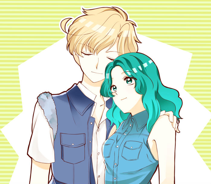 2girls, androgynous, aqua_eyes, aqua_hair, bare_shoulders, bishoujo_senshi_sailor_moon, blonde_hair, casual, closed_eyes, fur_trim, hand_on_another's_shoulder, jacket, kaiou_michiru, multiple_girls, nari_ww, short_hair, sleeveless, sleeveless_vest, striped, striped_background, ten'ou_haruka, very_short_hair, yellow_background, yuri