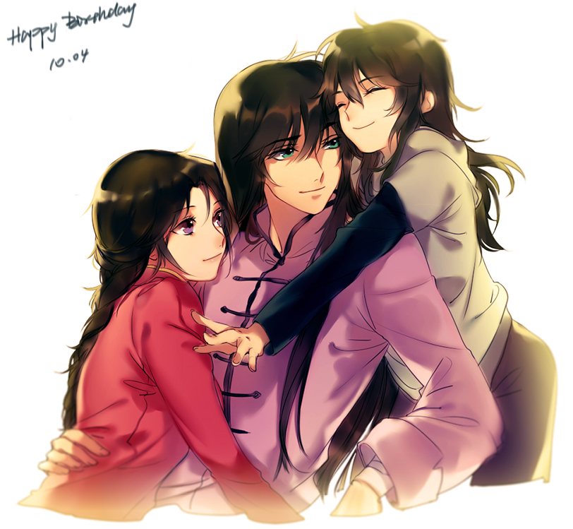 1girl, 2boys, ^_^, black_hair, chinese_clothes, closed_eyes, dated, dragon_ryuuhou