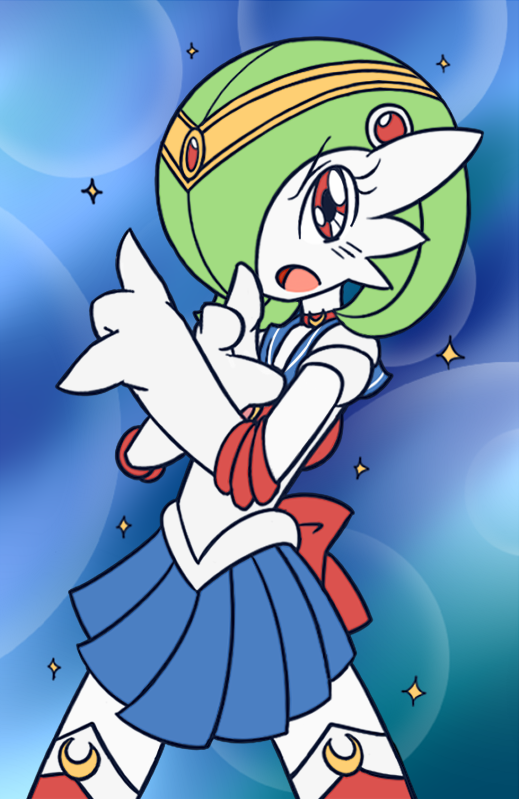 bishoujo_senshi_sailor_moon, choker, circlet, clothed_pokemon, commentary, elbow_gloves, eyelashes, gardevoir, gloves, green_hair, hair_ornament, looking_at_viewer, no_humans, open_mouth, pleated_skirt, pointing, pokemon, rakkuguy, red_eyes, sailor_moon, sailor_moon_(cosplay), skirt, solo, sparkle, thigh-highs, tsuki_ni_kawatte_oshioki_yo, white_skin