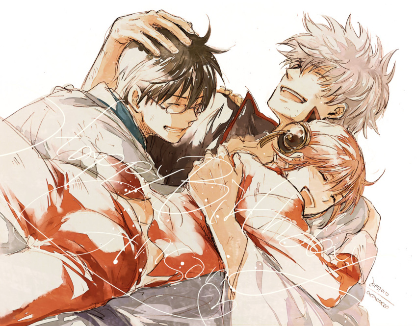 1girl, 2boys, acaco, ahoge, artist_name, black_hair, closed_eyes, dated