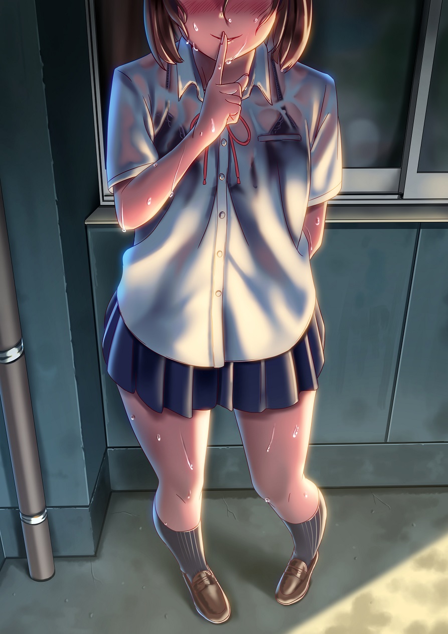 1girl, arm_behind_back, black_bra, blush, bra, brown_hair, finger_to_mouth, head_out_of_frame