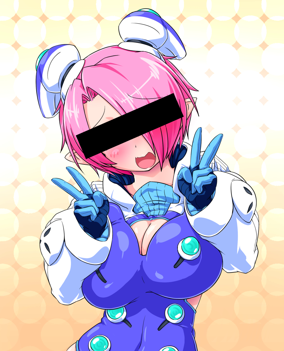 1girl, ahegao, bar_censor, black, blush, breasts, censored, cleavage