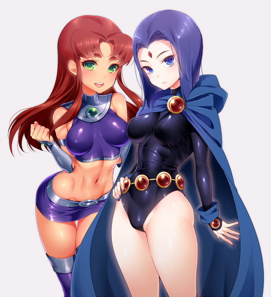 1girl, 2girls, akira_(natsumemo), bare_shoulders, belt, breasts, cape, dc_comics