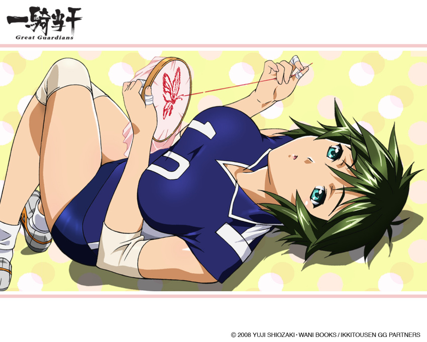 bandage, green_hair, ikkitousen, ikkitousen_great_guardians, kyocho_chuukou, lying, short_hair, stitch