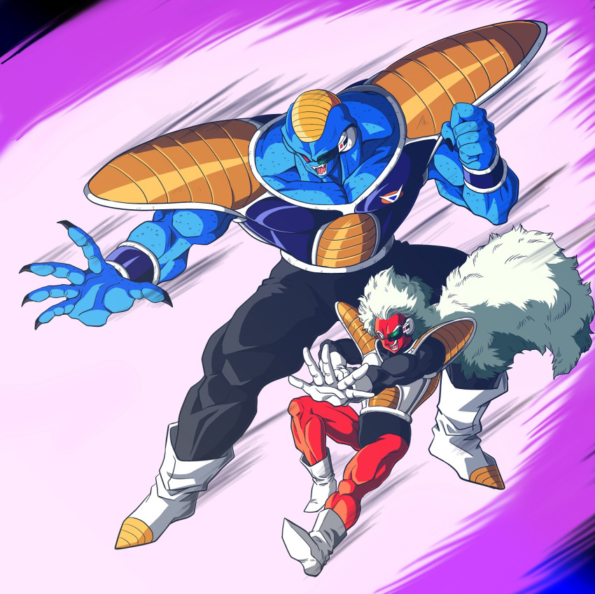 2boys, armor, blue_skin, body_armor, boots, burter, dragon_ball, dragon_ball_z, energy_beam, fangs, gloves, green_eyes, highres, iron_tonic, jeice, long_hair, multiple_boys, open_mouth, red_eyes, red_skin, scouter, white_hair