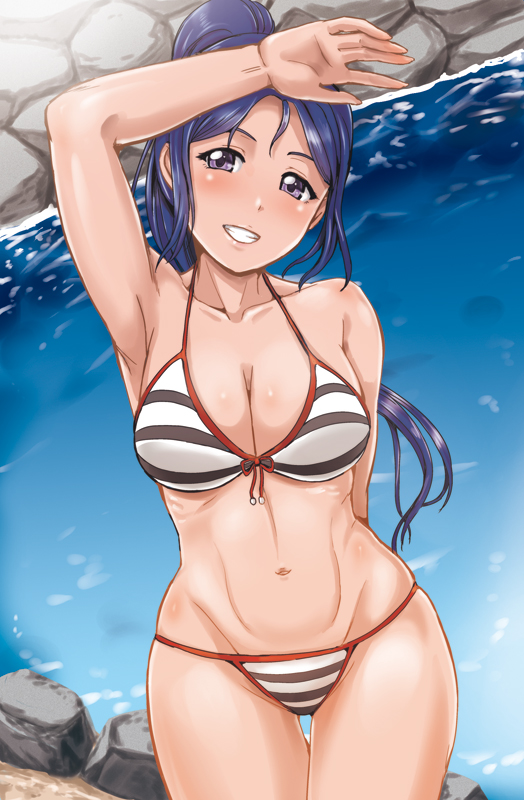 1girl, bikini, grin, kumoi_takashi, long_hair, love_live!_school_idol_project, love_live!_sunshine!!, matsuura_kanan
