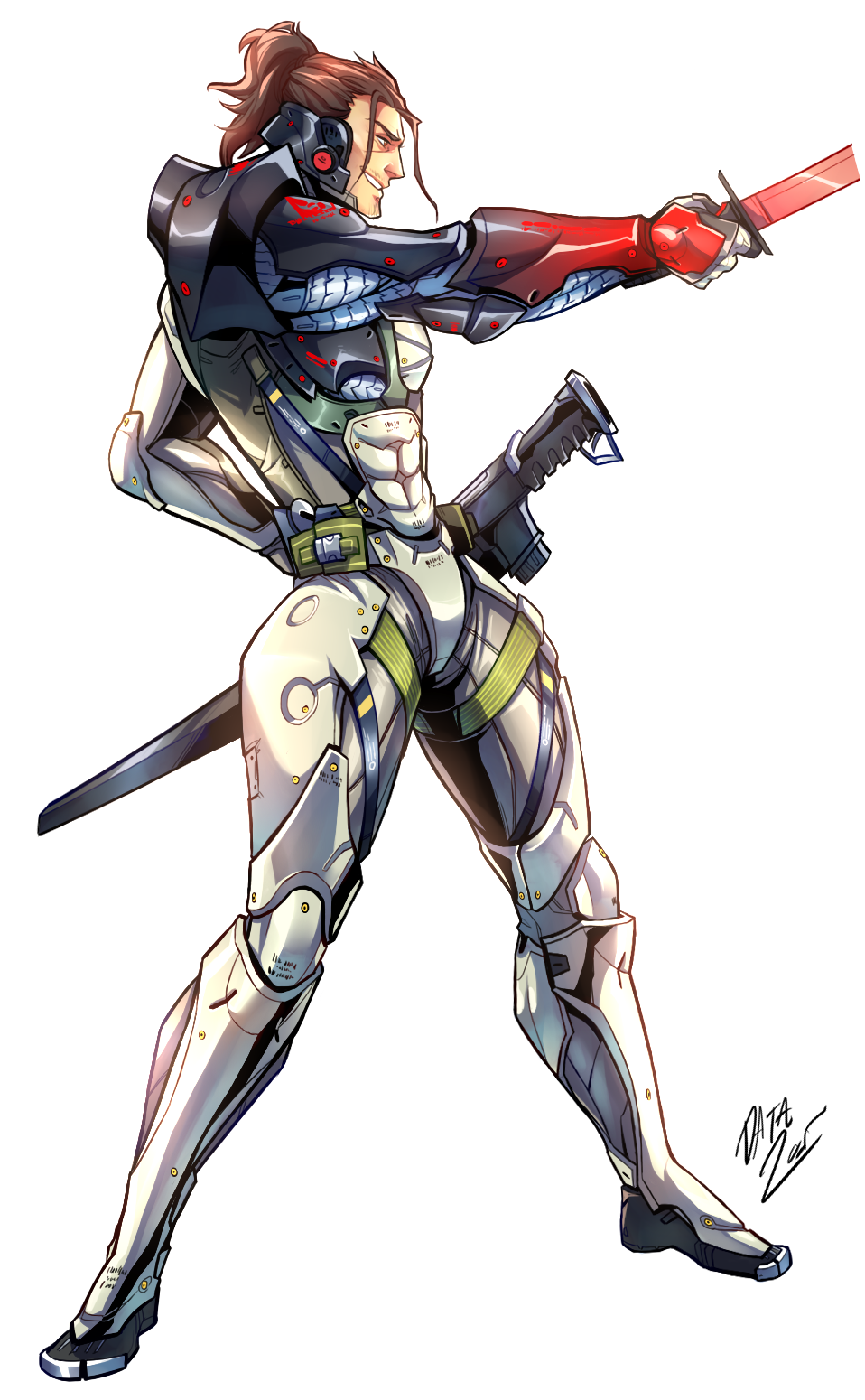 1boy, armor, bodysuit, brown_hair, cyborg, dataglitch, facial_hair, full_body