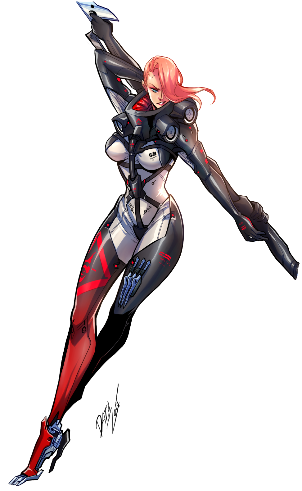 1girl, blue_eyes, bodysuit, breasts, cyborg, dark_skin, dataglitch, extra_arms, full_body, glaive, hair_over_one_eye, highres, lips, long_hair, metal_gear_(series), metal_gear_rising:_revengeance, mistral_(metal_gear_rising), pink_hair, solo, white_background