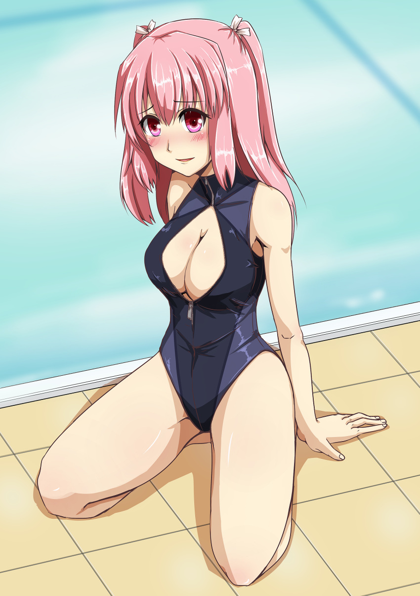 1girl, absurdres, blush, bon_(pixiv518591), breasts, cleavage, cleavage_cutout, front_zipper_swimsuit, highres, hoshino_maki_osamu, large_breasts, long_hair, looking_at_viewer, one-piece_swimsuit, open_mouth, pink_eyes, pink_hair, sitting, smile, solo, starmine_(manga), swimsuit, twintails, unzipped, wariza, zipper