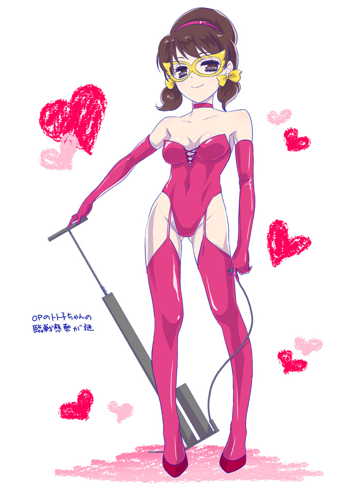 1girl, breasts, brown_hair, cleavage, dominatrix, domino_mask, elbow_gloves, full_body, garter_straps, gloves, hairband, heart, leather, leotard, mask, osomatsu-kun, osomatsu-san, pump, short_twintails, smile, solo, totoko_(osomatsu-kun), twintails, violet_eyes