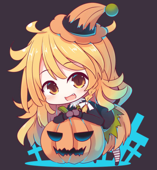 1girl, beni_shake, blonde_hair, braid, chibi, fang, halloween, halloween_costume