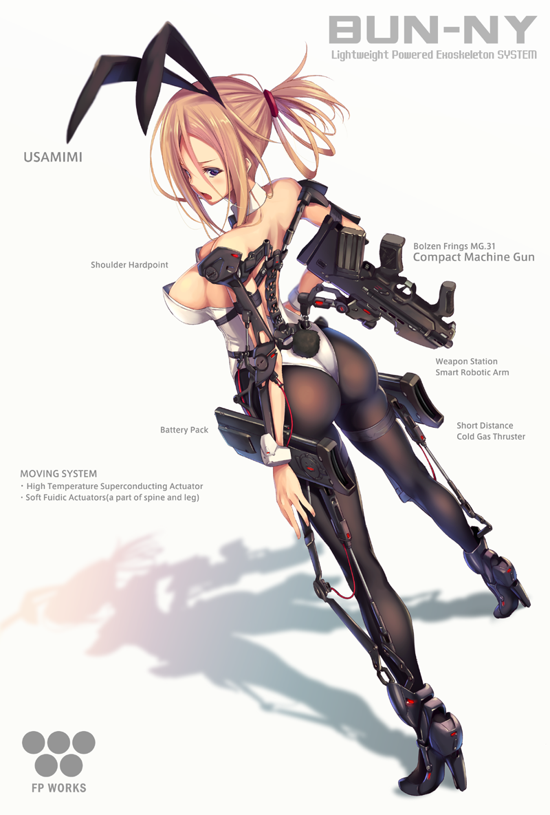 1girl, animal_ears, ass, bare_shoulders, black_legwear, blonde_hair, blush, breasts, bunny_girl, bunny_tail, bunnysuit, detached_collar, english, exoskeleton, fukai_ryousuke, gun, high_heels, looking_at_viewer, looking_back, open_mouth, original, pantyhose, ponytail, rabbit_ears, simple_background, solo, submachine_gun, tail, violet_eyes, weapon, white_background, wrist_cuffs