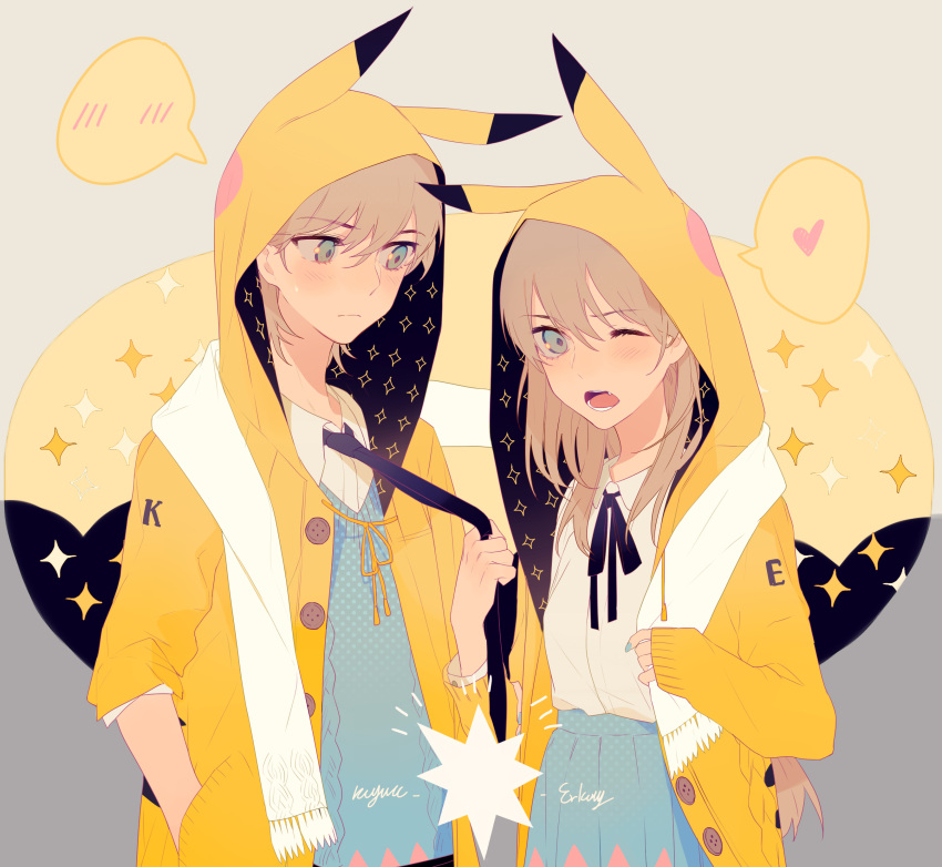 1boy, 1girl, absurdres, bangs, blue_eyes, blush, buttons, clothes_writing