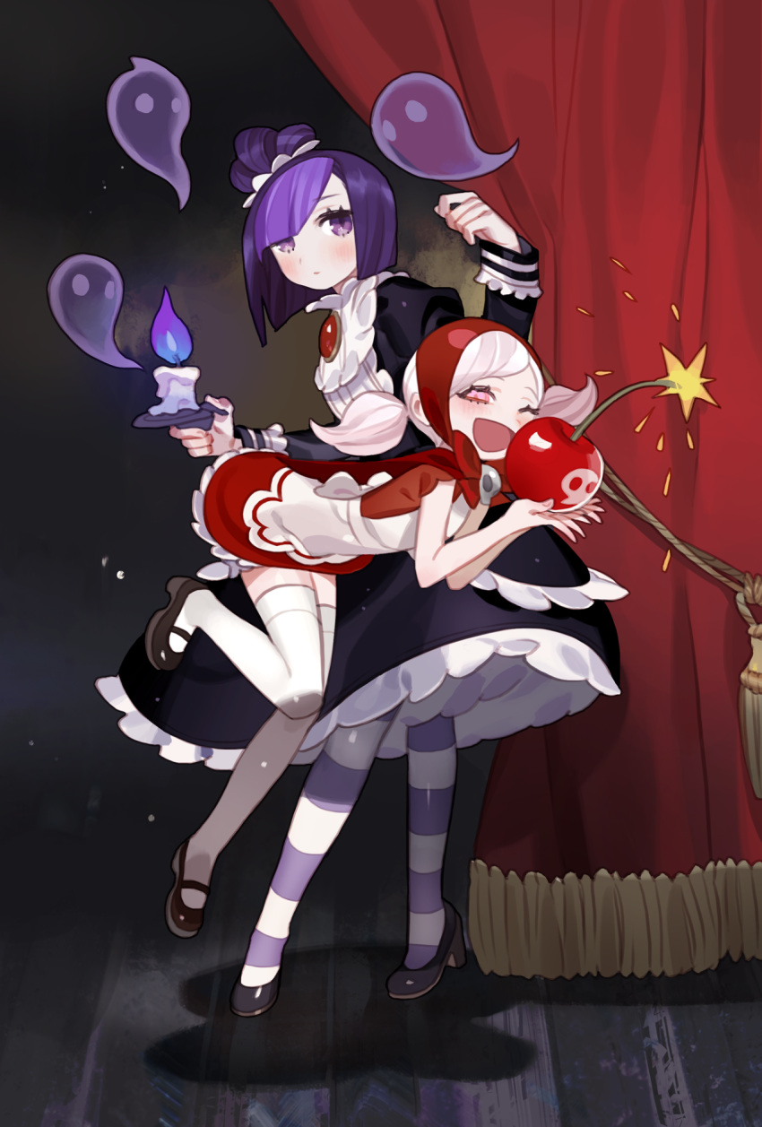 2girls, :d, albino, apron, bangs, bent_over, black_dress, black_shoes