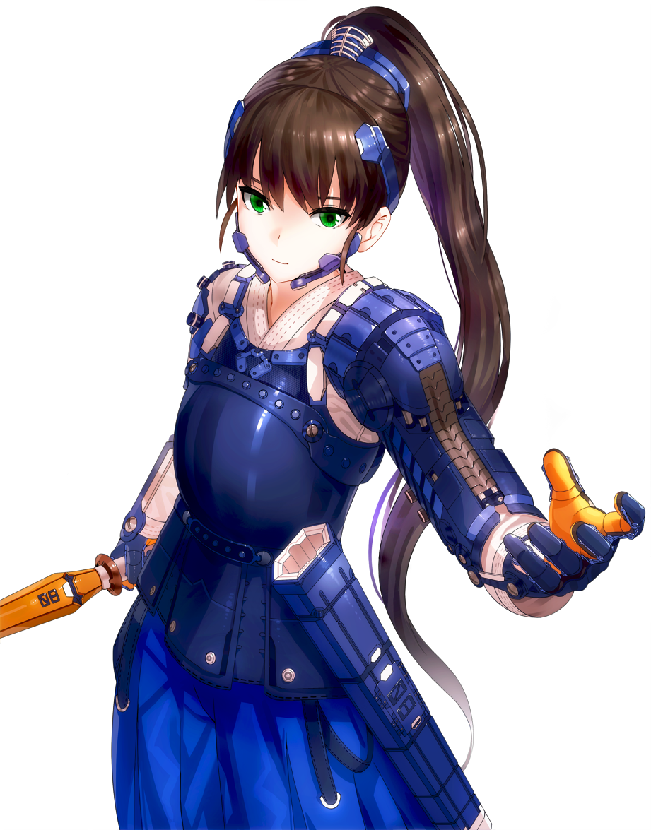 1girl, armor, blue_armor, brown_hair, gloves, green_eyes, headgear, high_ponytail