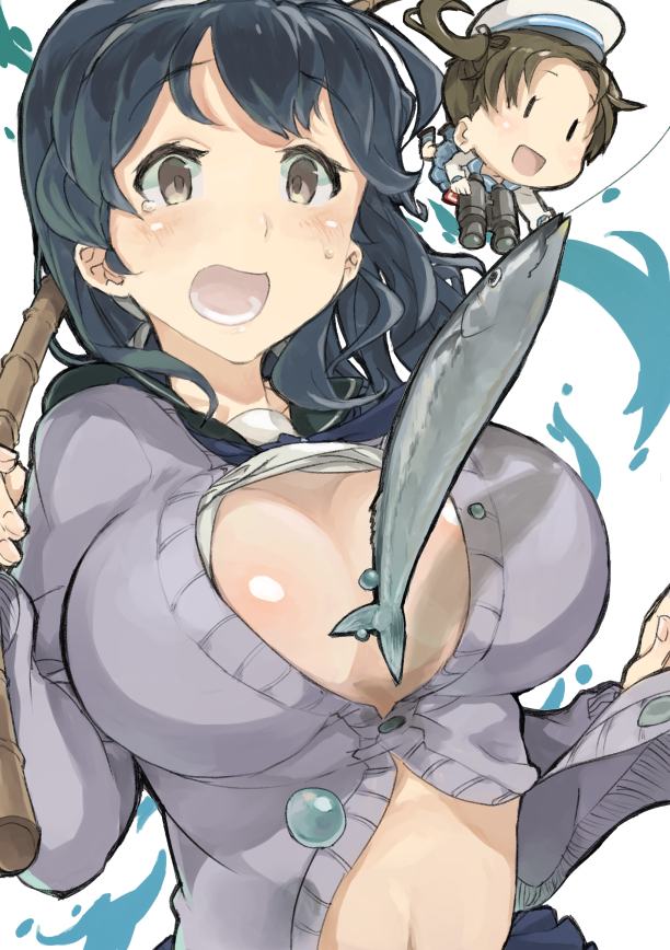 binoculars, black_hair, breasts, brown_hair, cardigan, fairy_(kantai_collection), fish, fishing_line