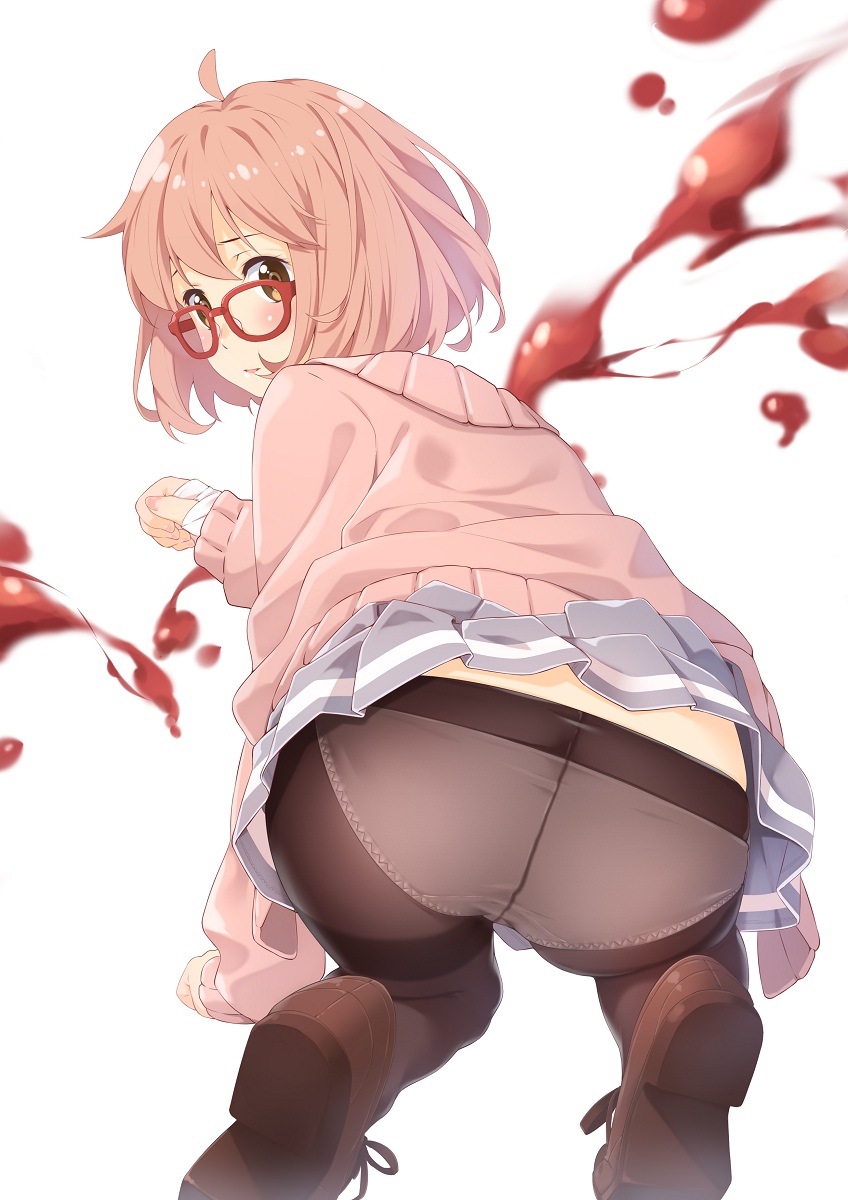 1girl, black_legwear, blood, blush, bob_cut, cardigan, ello, glasses, highres, kuriyama_mirai, kyoukai_no_kanata, looking_at_viewer, looking_back, open_mouth, panties, panties_under_pantyhose, pantyhose, pink_hair, red-framed_glasses, school_uniform, serafuku, short_hair, skirt, underwear, yellow_eyes