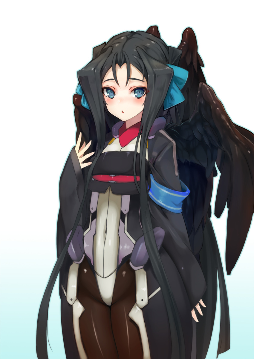 1girl, black_hair, black_wings, blue_eyes, blush, bodysuit, cowboy_shot, feathered_wings