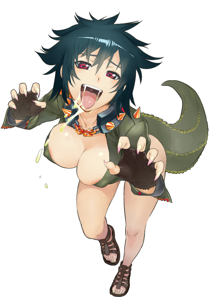 1girl, animal_costume, black_hair, breasts, cleavage, collar, deviljho, drooling, fangs, fingerless_gloves, fingernails, from_above, gloves, heart, heart-shaped_pupils, large_breasts, long_fingernails, looking_at_viewer, messy_hair, monster_girl, monster_hunter, personification, red_eyes, saliva, short_hair, solo, spiked_collar, spikes, symbol-shaped_pupils, tongue, tongue_out, washi_no_tosaka, white_background