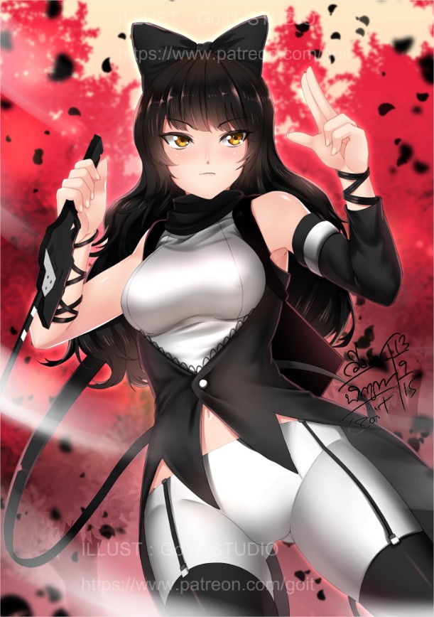 1girl, black_hair, blake_belladonna, bow, breasts, go-it, hair_bow, long_hair