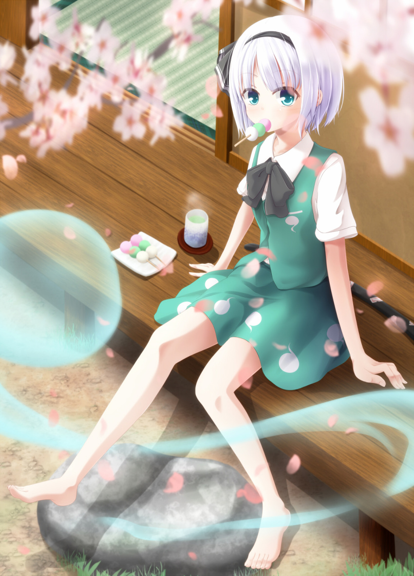 1girl, barefoot, bob_cut, bow, cherry_blossoms, dango, evandragon, food