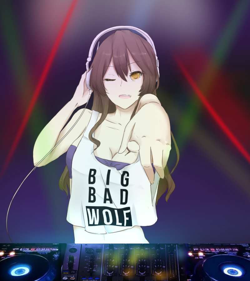 1girl, admiral-udon, ashigara_(kantai_collection), dj, edm, headphones, kantai_collection, laser, led, one_eye_closed, phonograph, solo, spotlight, turn_up, turntable