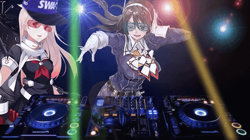 2girls, animated, animated_gif, ashigara_(kantai_collection), dj, edm, headphones, kantai_collection