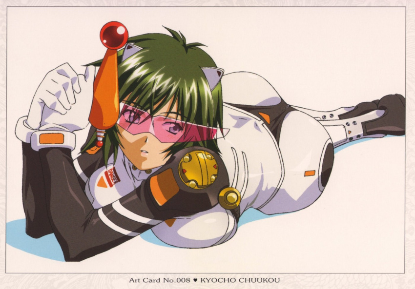 green_hair, gun, ikkitousen, ikkitousen_dragon_destiny, kyocho_chuukou, lying, plugsuit, short_hair, sunglasses, weapon, yuji_shiozaki