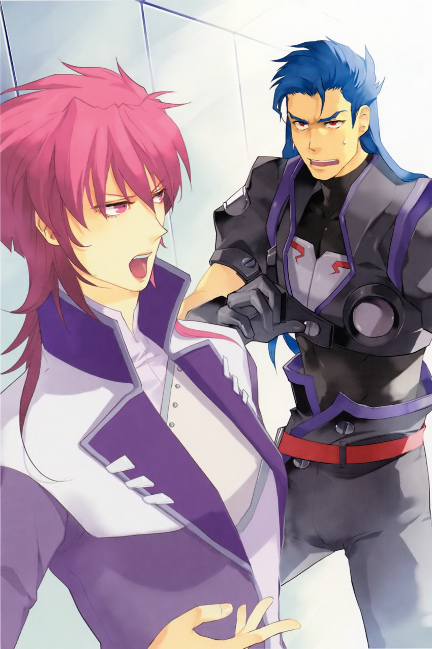 belt, blue_hair, gloves, highres, irm_kazahara, irmgult_kazahara, long_hair, mullet, purple_eyes, purple_hair, red_eyes, ring_mao, super_robot_wars, super_robot_wars_original_generation, violet_eyes, yuikawa_kazuno