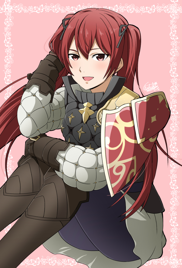 1girl, fire_emblem, fire_emblem_if, fuzuki_yuu, gloves, hair_ribbon, long_hair, luna_(fire_emblem_if), red_eyes, redhead, ribbon, skirt, twintails