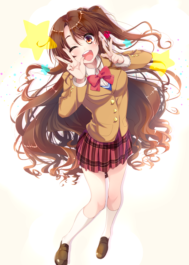 1girl, ;d, blazer, blush, breasts, brown_eyes, brown_hair, double_v